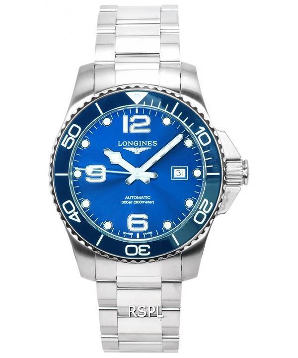 Longines HydroConquest Sunray Blue Super-LumiNova-kellonäytön automaattisella sukeltajalla L3.782.4.96.6 300M miesten kello