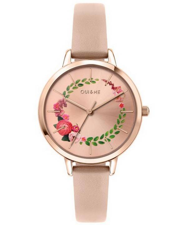 Oui &amp, Me Fleurette Rose Gold Sunray kellotaulu nahkaranneke kvartsi ME010038 naisten kello