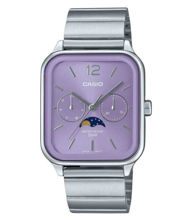 Casio Standard Analog Moon Phase ruostumaton teräs, violetti kellotaulu kvartsi MTP-M305D-6AV miesten kello