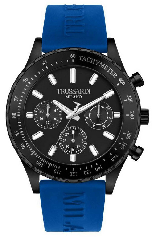 Trussardi T-Logo Tachymeter musta kellotaulu silikonihihna kvartsi R2451148001 miesten kello