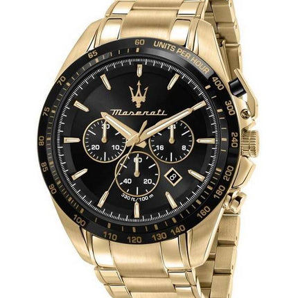 Maserati Traguardo Chronograph kultasävyinen ruostumaton teräs musta kellotaulu kvartsi R8873612041 100M miesten kello