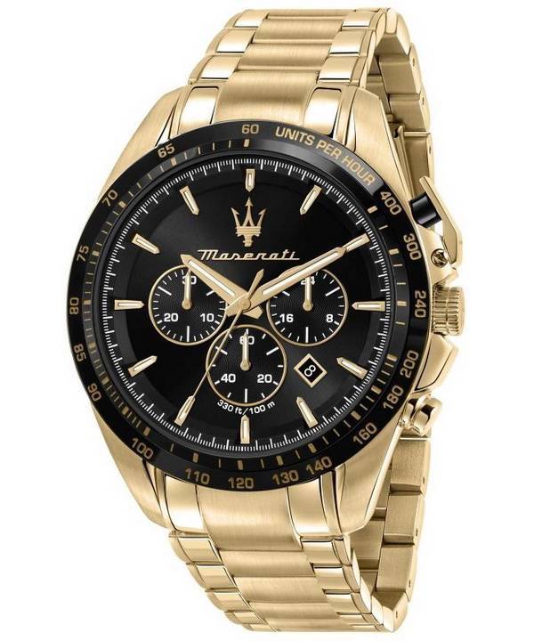 Maserati Traguardo Chronograph kultasävyinen ruostumaton teräs musta kellotaulu kvartsi R8873612041 100M miesten kello