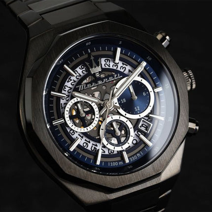 Maserati Stile Chronograph ruostumaton teräs sininen luuranko kellotaulu Quartz R8873642012 100M miesten kello