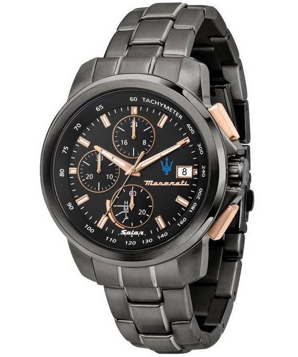 Maserati Successo Chronograph ruostumattomasta teräksestä valmistettu musta kellotaulu Solar R8873645001 miesten kello