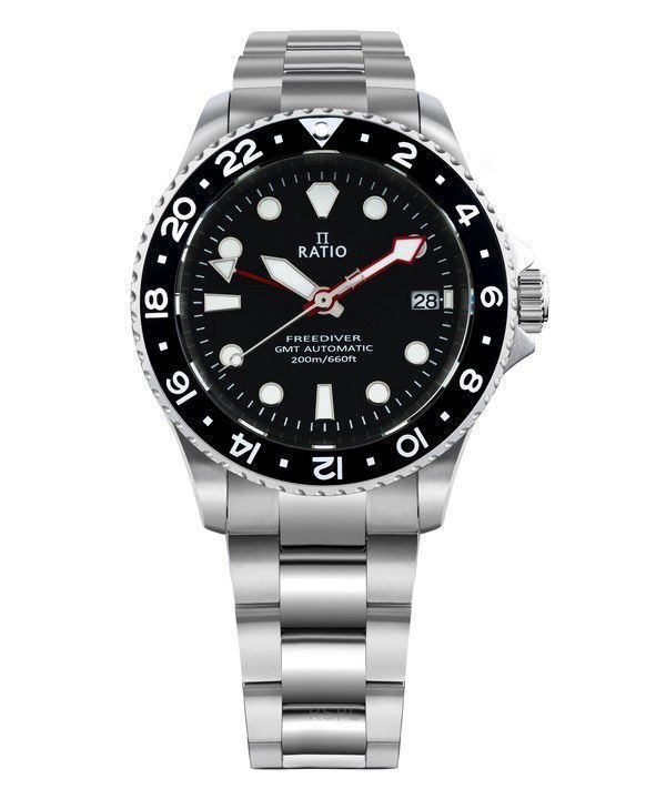 Suhde FreeDiver GMT Series Sapphire ruostumaton teräs musta kellotaulu automaattinen RTF051 200M miesten kello