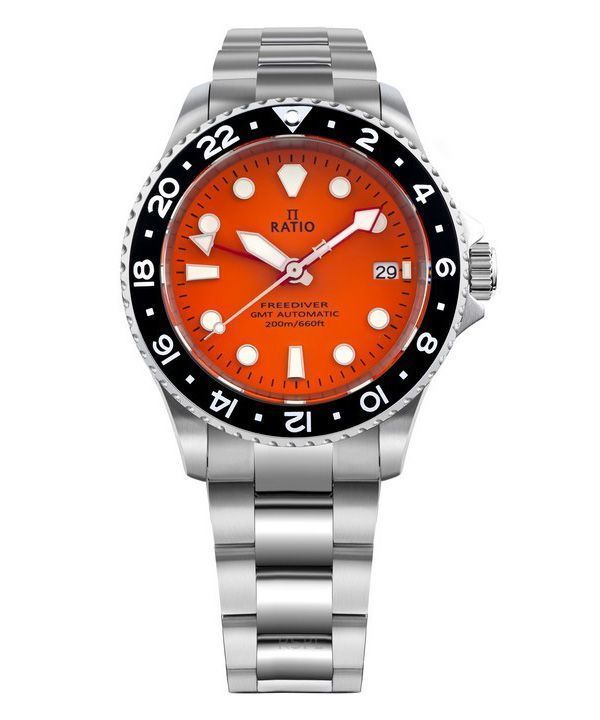 Suhde FreeDiver GMT Series Sapphire ruostumattomasta teräksestä oranssi kellotaulu automaattinen RTF055 200M miesten kello