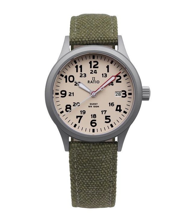 Ratio Quest miesten kenttäkello Sapphire Canvas Strap Quartz RTQ019 100M Lewis &amp, Clark Edition