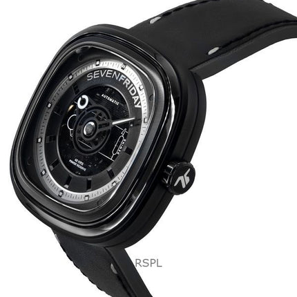 Sevenfriday T-sarjan NFC-yhteensopiva nahkahihna, musta luurankokellotaulu, automaattinen T1/04 SF-T1-04 miesten kello