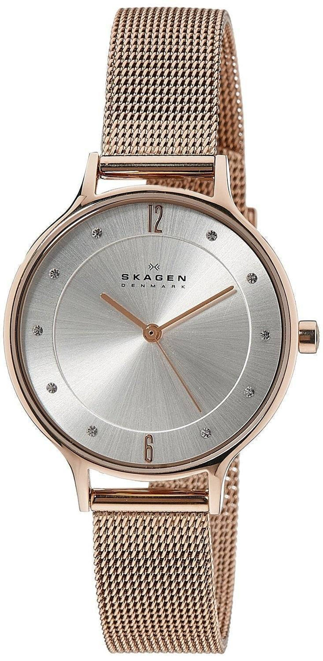 Skagen Anita hopeinen Kelloaulu Crystal Rose kulta-Tone Mesh rannekoru SKW2151 naisten kello