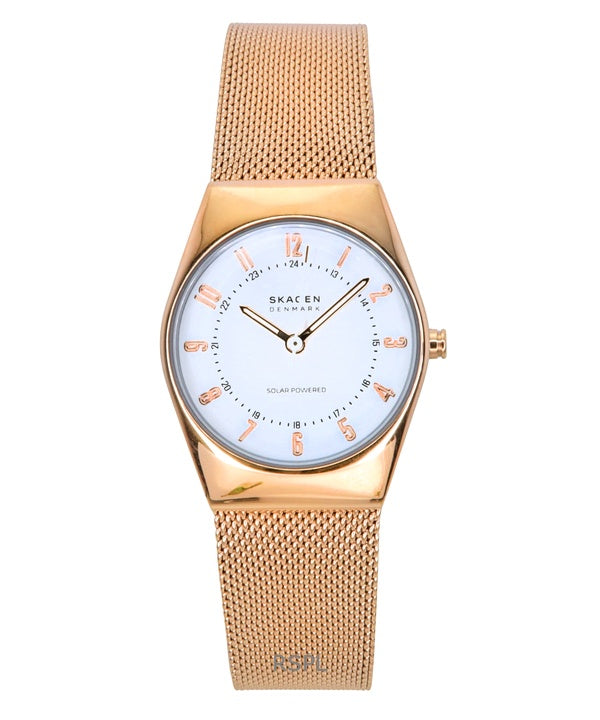 Skagen Grenen Lille Rose Gold Tone ruostumaton teräs valkoinen kellotaulu Solar SKW3078 naisten kello