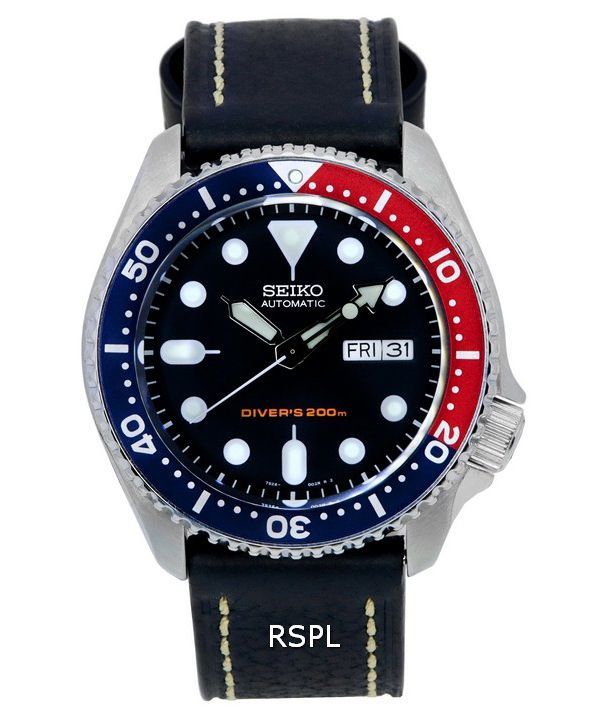 Seiko automaattisen sukeltajan suhteen musta nahka SKX009K1-LS2 200M miesten kello