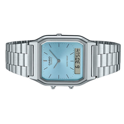 Kunnostettu Casio Vintage analoginen digitaalinen ruostumattomasta teräksestä valmistettu turkoosi kellotaulu kvartsi AQ-230A-2A1 unisex-kello