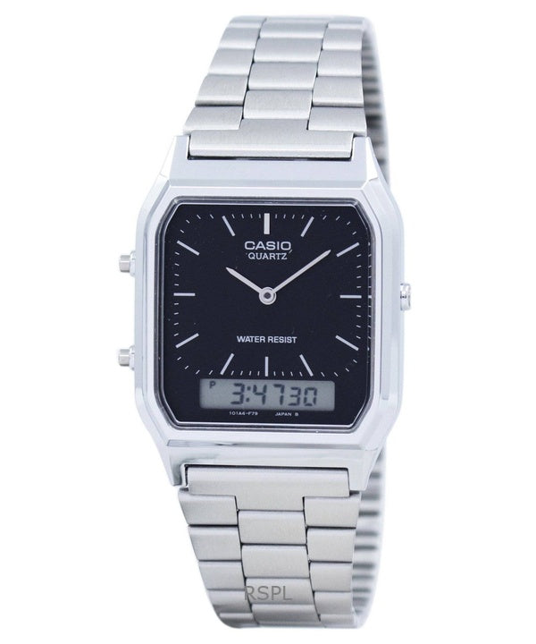 Kunnostettu Casio Vintage analoginen digitaalinen ruostumattomasta teräksestä valmistettu musta kellotaulu AQ-230A-1DHDF Unisex kello