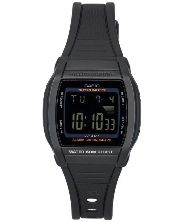 Casio digitaalinen urheiluhartsihihna, musta kellotaulu kvartsi W-201-1B miesten kello