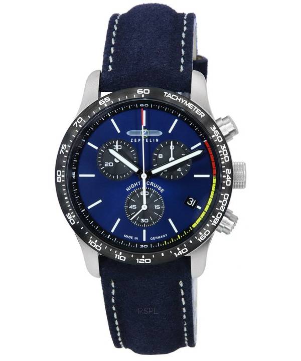 Zeppelin Night Cruise Chronograph Nahkahihna Sininen kellotaulu kvartsi 7288-3 100M miesten kello