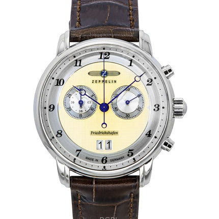 Zeppelin Friedrichshafen Chronograph nahkaranneke kultainen kellotaulu kvartsi 85845 miesten kello