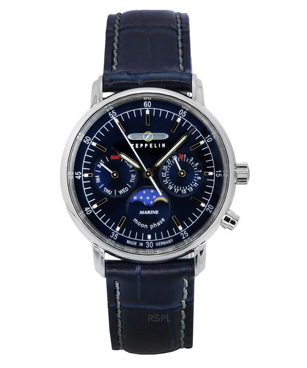 Zeppelin LZ14 Marine Moonphase nahkaranneke, sininen kellotaulu kvartsi 86353 naisten kello