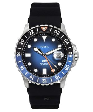 Fossiilisensininen GMT-silikonihihna musta ja sininen auringonsäteen kellotaulu kvartsi FS6049 100M miesten kello
