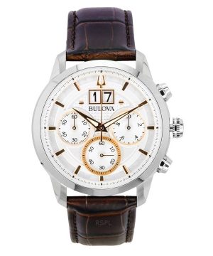 Bulova Sutton Big Date Chronograph Ruskea nahkaranneke hopea kellotaulu kvartsi 96B309 miesten kello