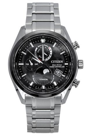 Citizen Tsuki-Yomi Radio-ohjattu kuun vaiheen Super Titanium Black Dial Eco-Drive BY1018-80E 100M miesten kello