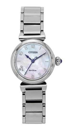 Citizen L Mae Diamond Accents ruostumattomasta teräksestä valmistettu helmiäiskellotaulu Eco-Drive EM1130-83D naisten kello