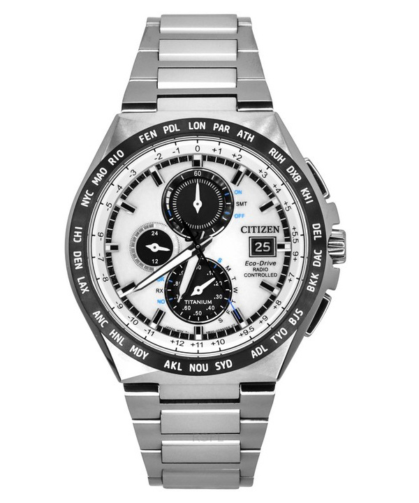 Citizen Eco-Drive -radioohjattu GMT Chronograph Super Titanium -hopeakellokello AT8238-84A 100M miesten kello