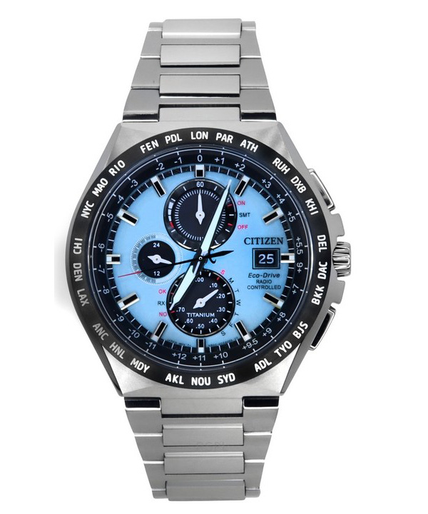 Citizen Eco-Drive Radio-ohjattu GMT Chronograph Super Titanium vaaleansininen kellotaulu AT8238-84M 100M miesten kello