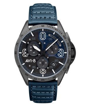 AVI-8 P-51 Mustang Blakeslee Chronograph Air Blue nahkaranneke harmaa ja sininen kellotaulu kvartsi AV-4077-04 miesten kello