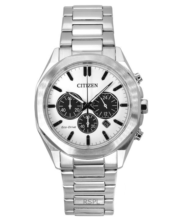 Citizen Eco-Drive Chronograph ruostumattomasta teräksestä valmistettu valkoinen kellotaulu CA4590-81A 100M miesten kello